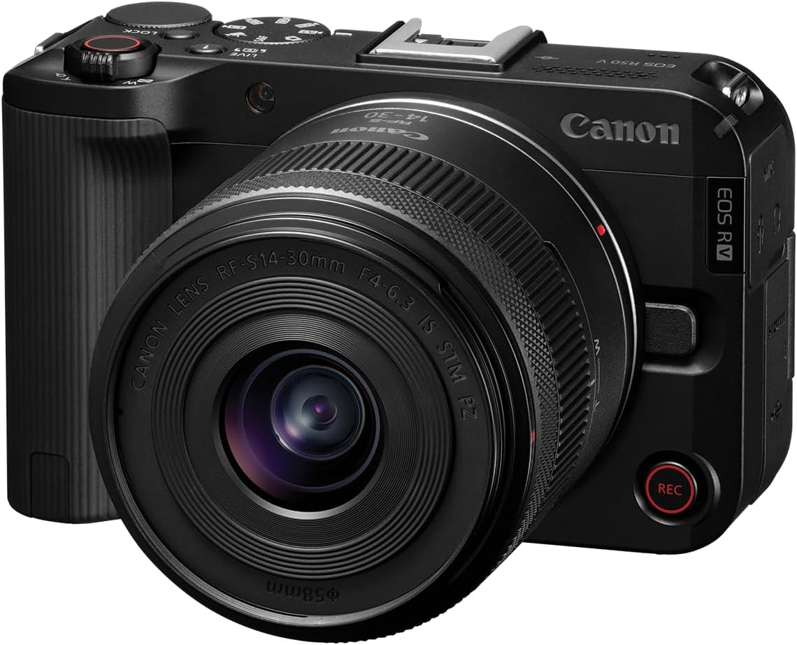 Canon Câmera sem espelho EOS R50 V com RF-S14-30 mm F4-6.3 é lente STM PZ, sensor APS-C, 24,2 megapixels, zoom ultra-amplo, foco automático rápido, kit de vlogging e transmissão ao vivo para criadores